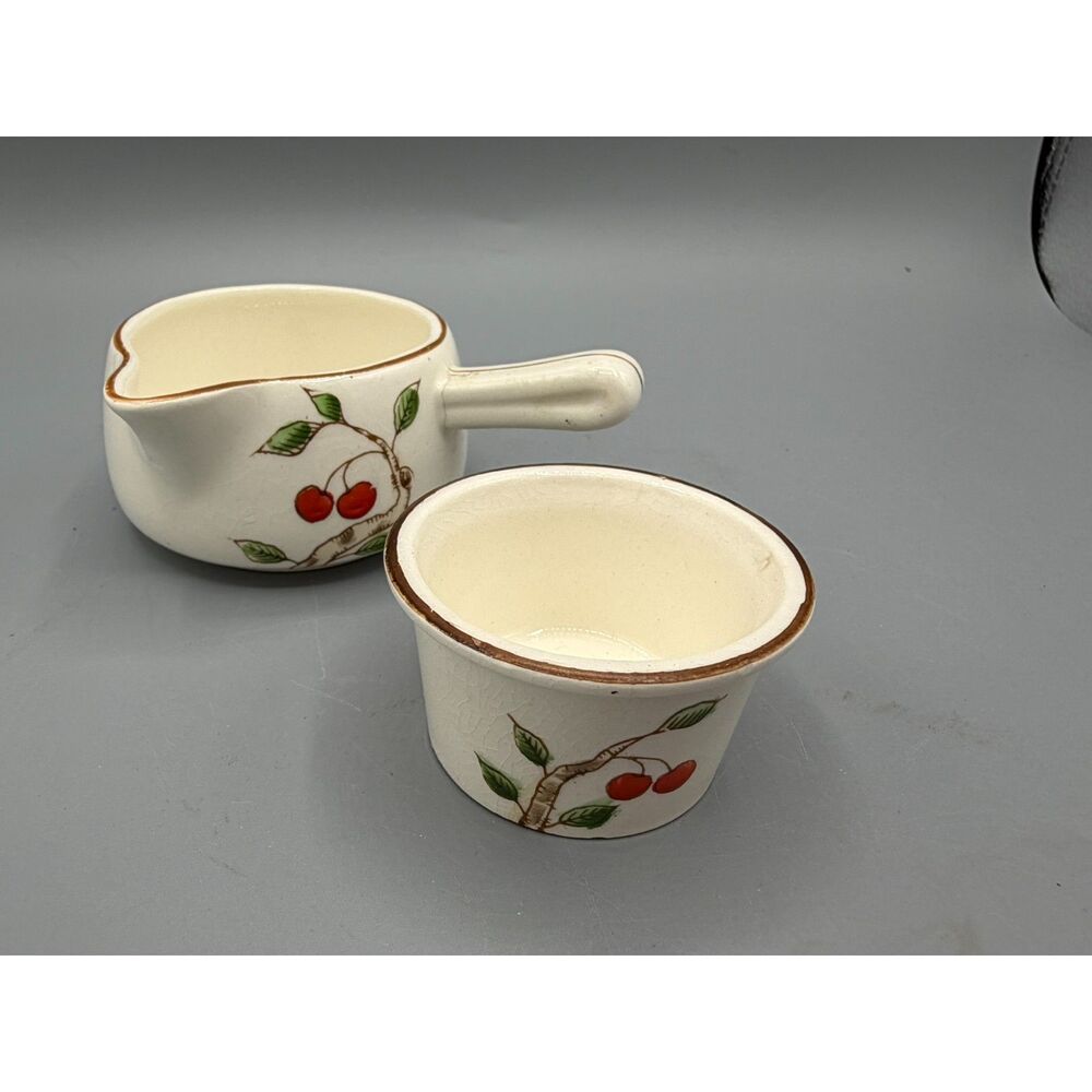 Vintage Japan Cherry Pottery Sauce Bowl & Ramekin Set Hand Painted Mid Century